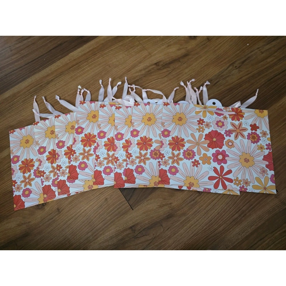 8 Spritz Floral Gift Bags Small 12.75x5x10 Multicolor Daisy Ribbon Handle Set